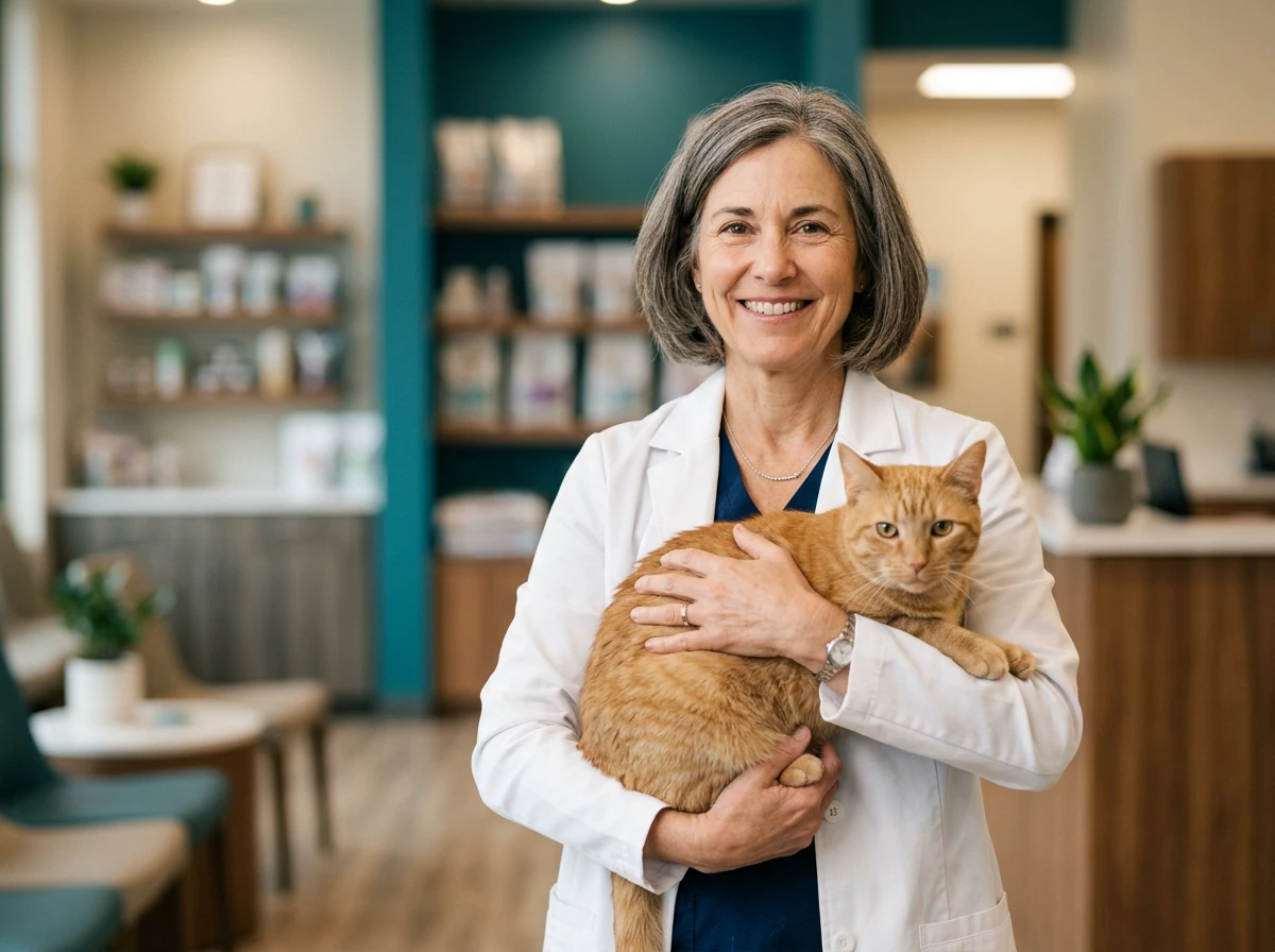 Le Dr. A. Blanchy tient doucement un chat roux dans sa clinique vétérinaire à Etterbeek