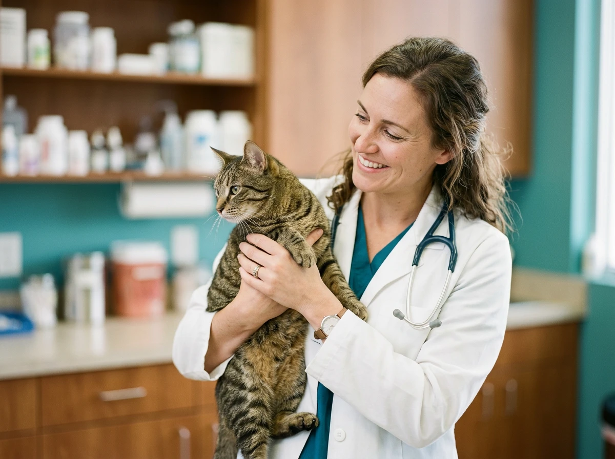 Vétérinaire tenant un chat tigré lors d’un examen de routine