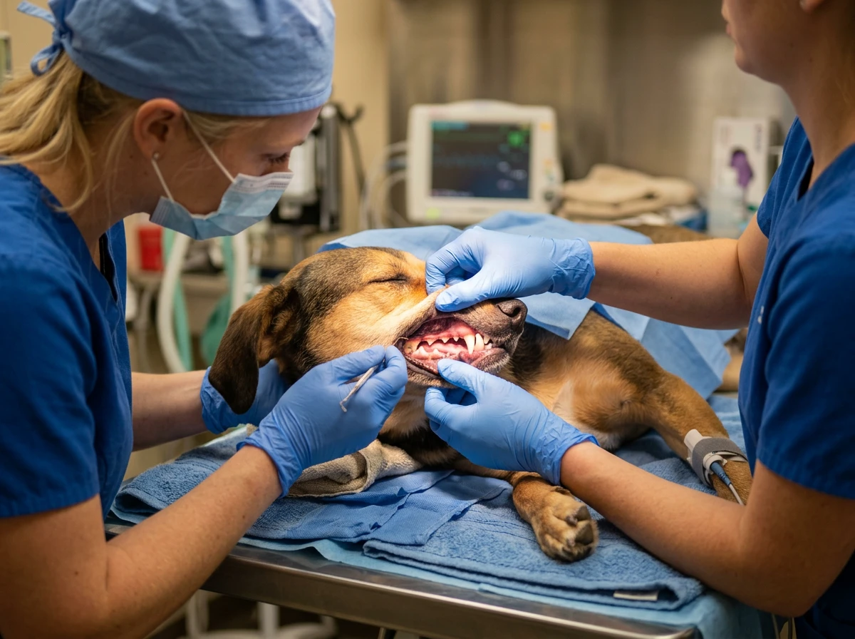 Examen dentaire d'un chien sous anesthésie légère par un vétérinaire