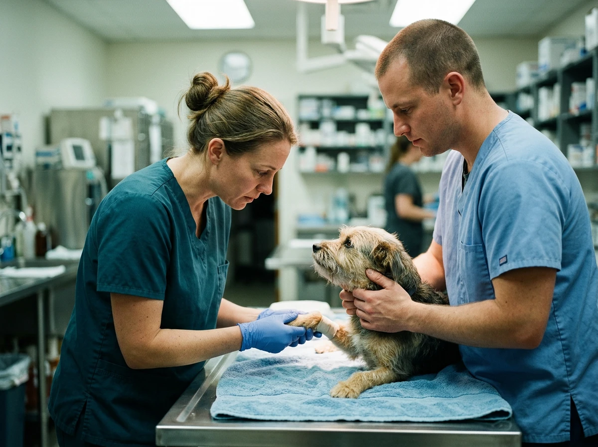 Vétérinaire prenant en charge un animal en urgence avec rapidité et soin